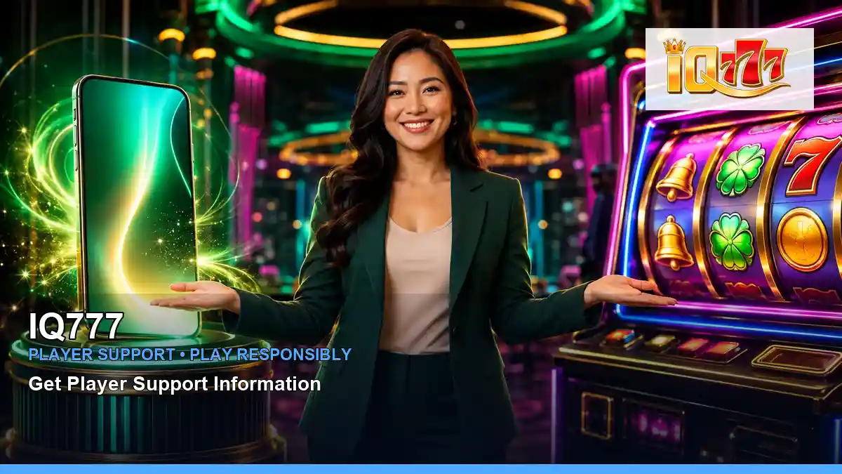 IQ777 casino first deposit rewards featuring an adult Filipina casino host with a vivid composition